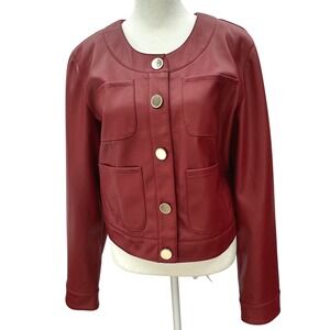 Maeve Anthropology Red Vegan Leather Jacket Button Front Pockets‎ Cropped Size M